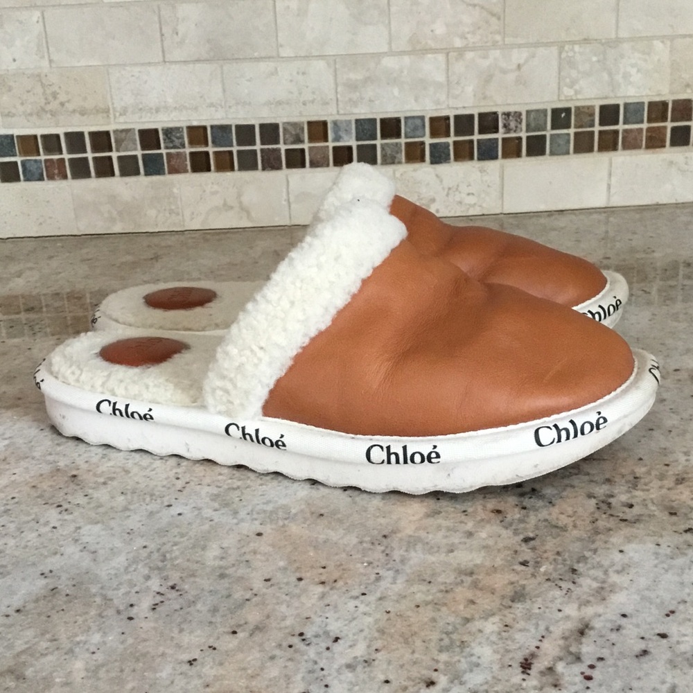 Authentic Chloe Woody Shearling Lined Leather Slippers